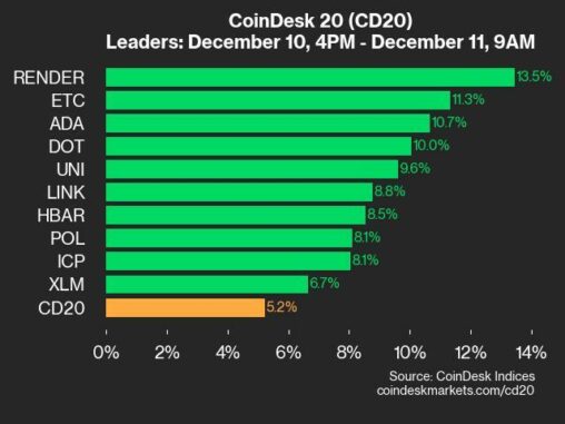 Coindesk 20 performance update: render climbs 13.5% as all assets trade higher