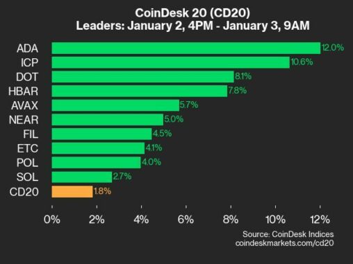 Coindesk 20 Performance Update: Ada Gains 12%, Leading Index Higher
