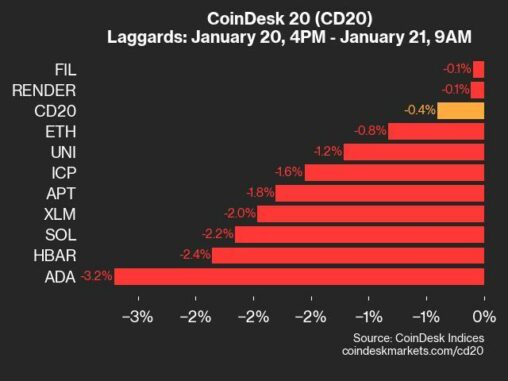 Coindesk 20 Performance Update: Ada Drops 3.2%, Leading Index Lower From Monday