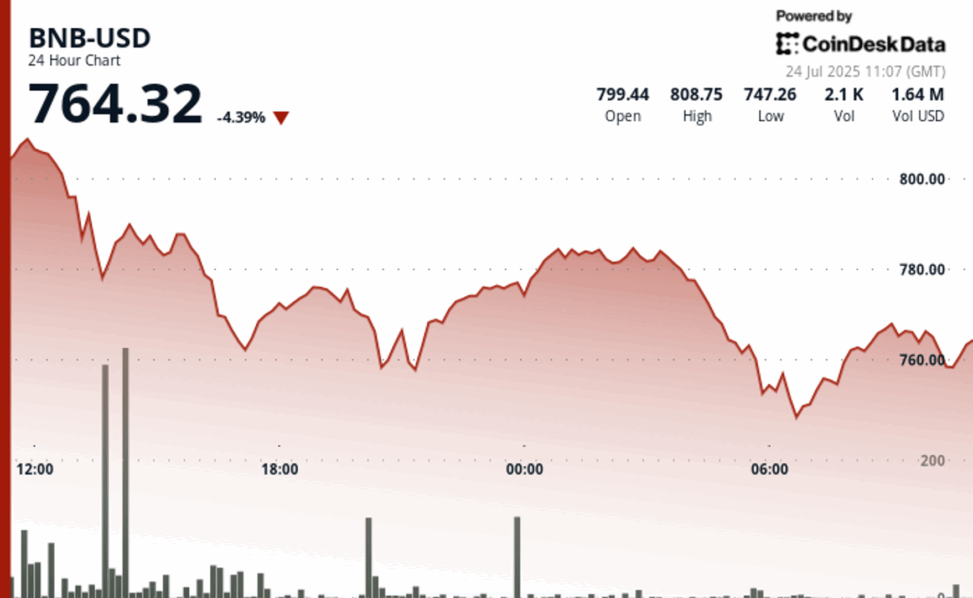 Bnb falls 4.3% as traders eye key support levels after record high