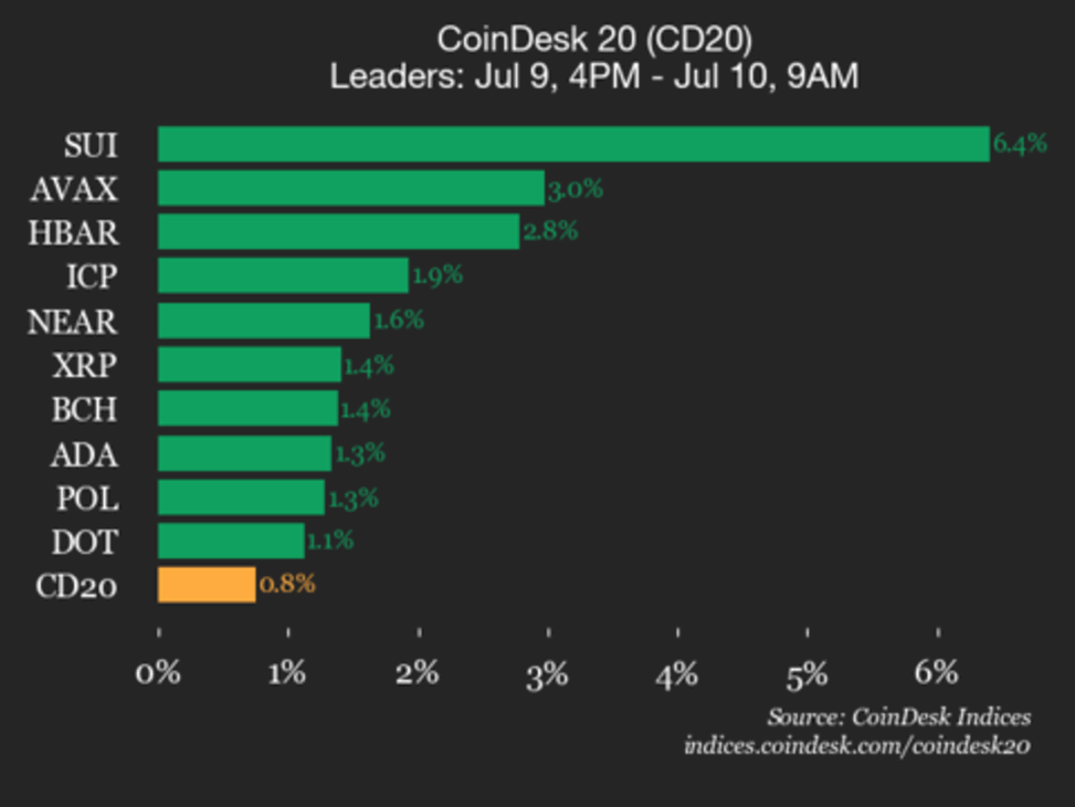 Coindesk 20 performance update: sui gains 6.4% as index trades higher