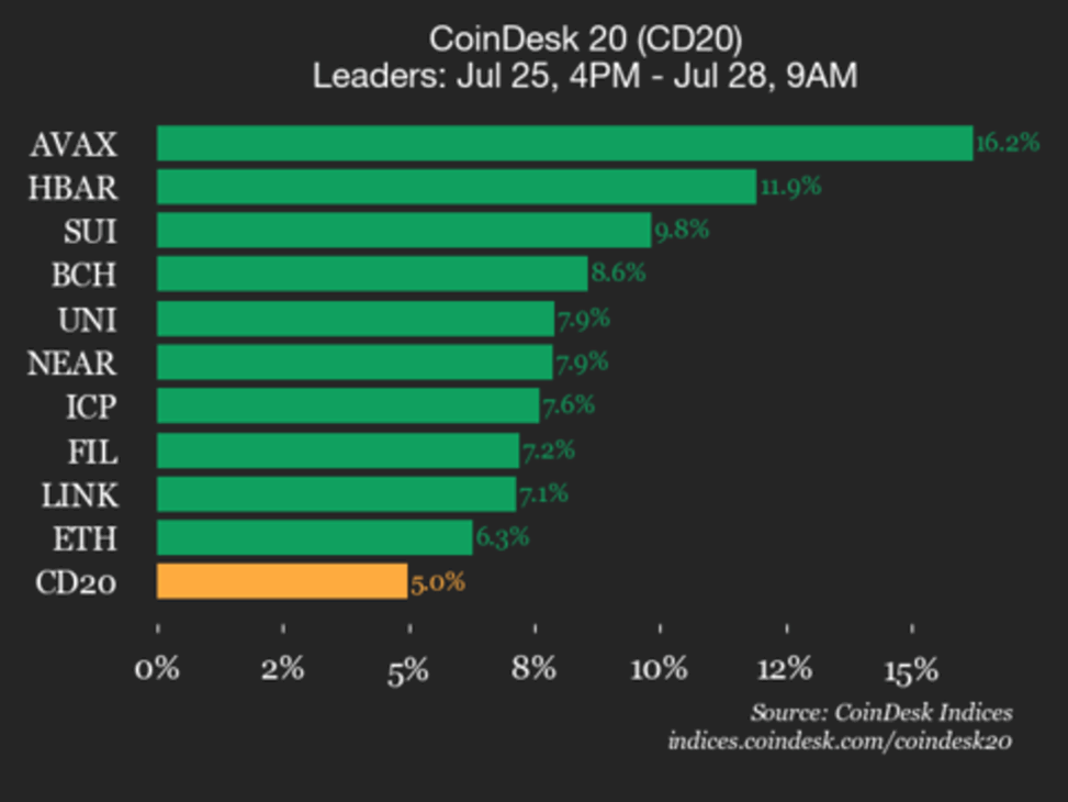 Coindesk 20 performance update: avalanche (avax) surges 16.2% as all assets rise