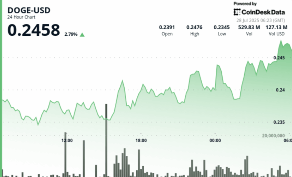 Volume surge fails to breach resistance as doge closes flat at 23 cents
