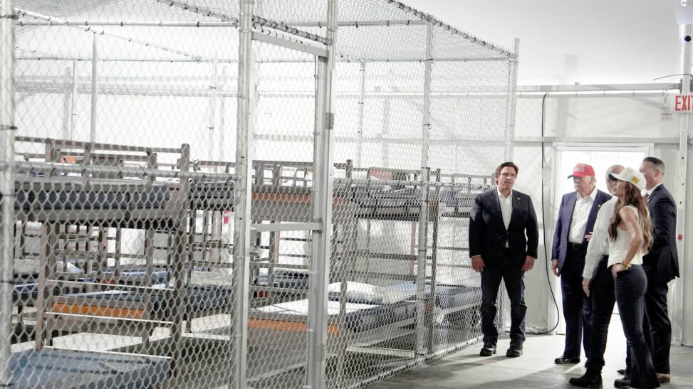 'alligator alcatraz' detention centre compared to 'dog cage' with no distinction between night and day