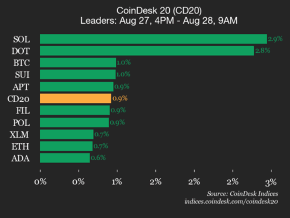 Coindesk 20 performance update: solana (sol) rises 2.9%, as index climbs higher