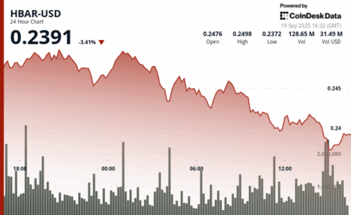 Hbar slides 3% as selling pressure intensifies, finds support at $0.24