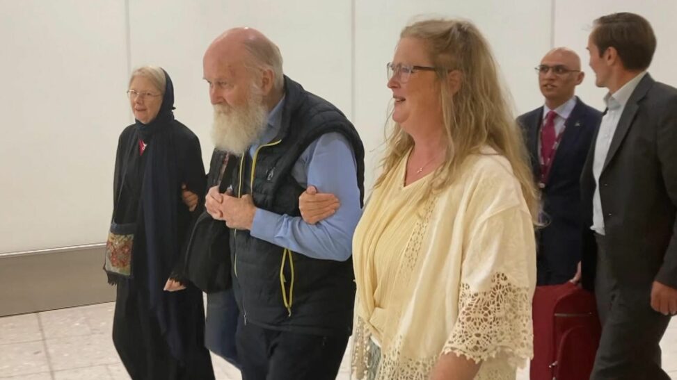 Elderly british couple who were detained by taliban arrive in uk
