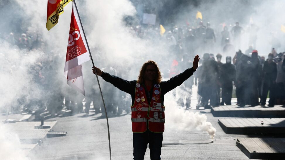 Police fire tear gas at protesters during day of strikes in france