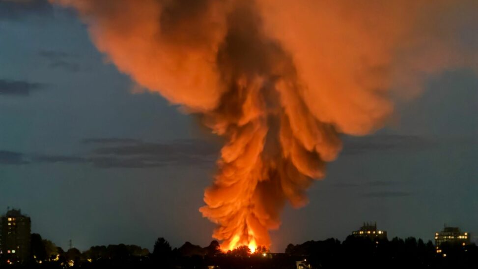 'massive explosion' at warehouse as people report 'huge fireball' and houses 'shaking'