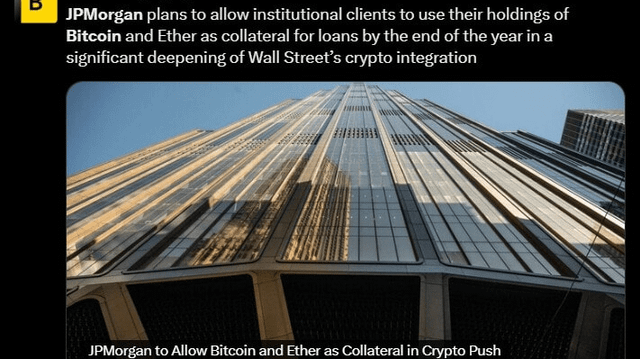 Jp morgan to accept bitcoin and ethereum as collateral for institutional loans