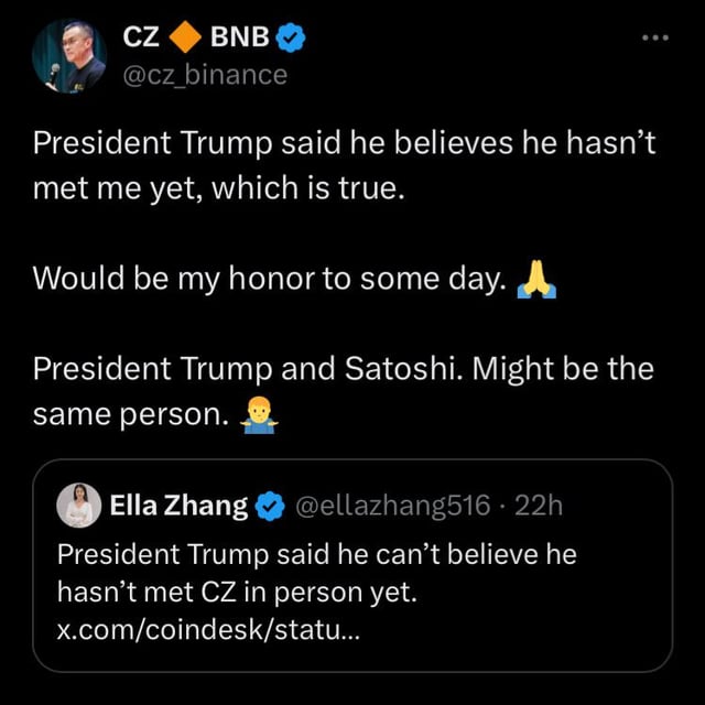 Cz after allegedly bribing trump fam for a pardon: “president trump and satoshi. might be the same person.”
