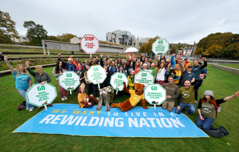 Stunt outside holyrood calls on scottish government to stop stalling and start rewilding