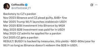 Before the cz pardon. binance took up a sizeable portion in usd1 giving the trump family ~$50m a year in yield farming on treasury bonds.