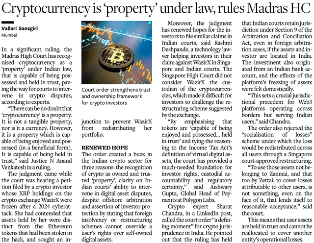 Cryptocurrency is ‘property’ under law, rules madras hc