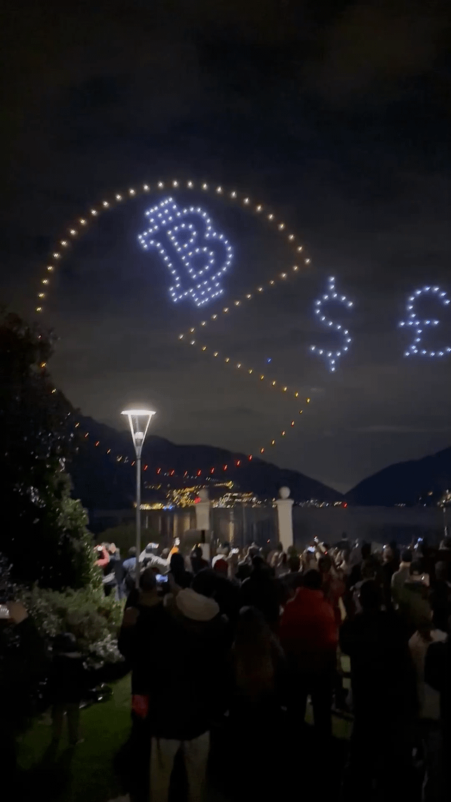 Giant bitcoin drone show in switzerland showing btc eating fiat currencies like pac man