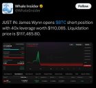 James wynn opens btc short position with 40x leverage worth $110,085. liquidation price is $117,465.80