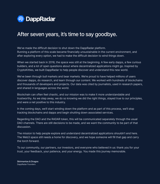 Dappradar announces they are shutting down