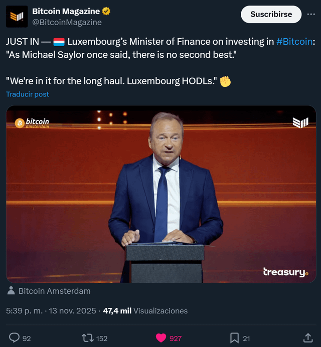 Luxembourg's finance minister: "as michael saylor once said, there is no second best. we're in it for the long haul luxembourg hodls bitcoin."