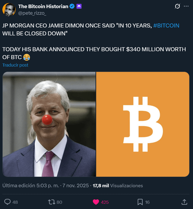 Jp morgan ceo jamie dimon once said "in 10 years, bitcoin will be closed down" today his bank announced they bought $340 million worth of btc