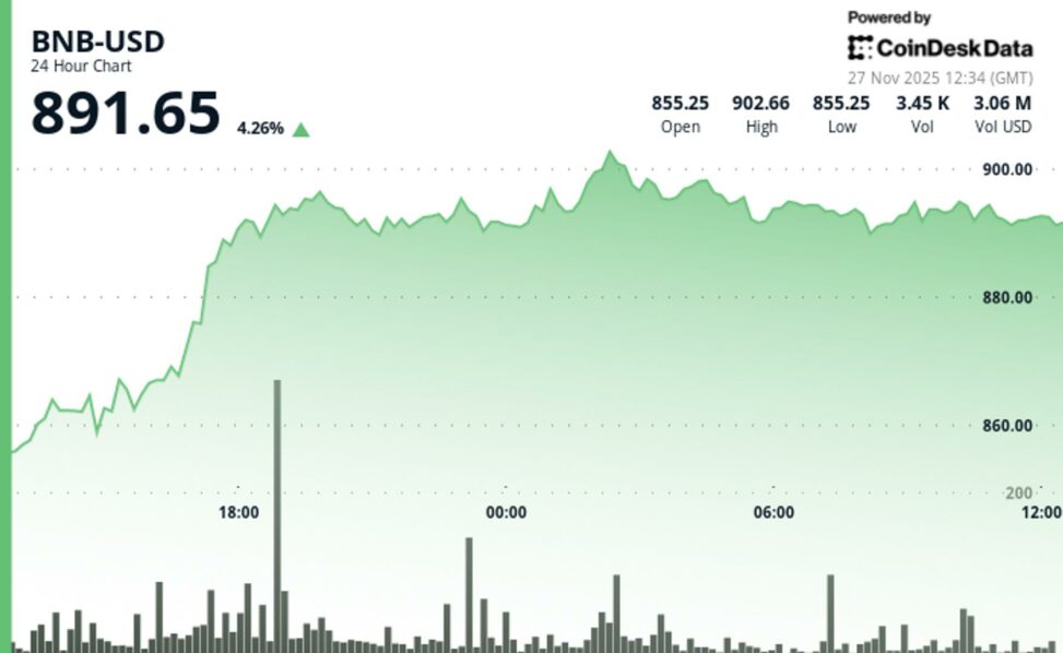 Bnb holds below $900 level as onchain activity slumps, network updrages loom