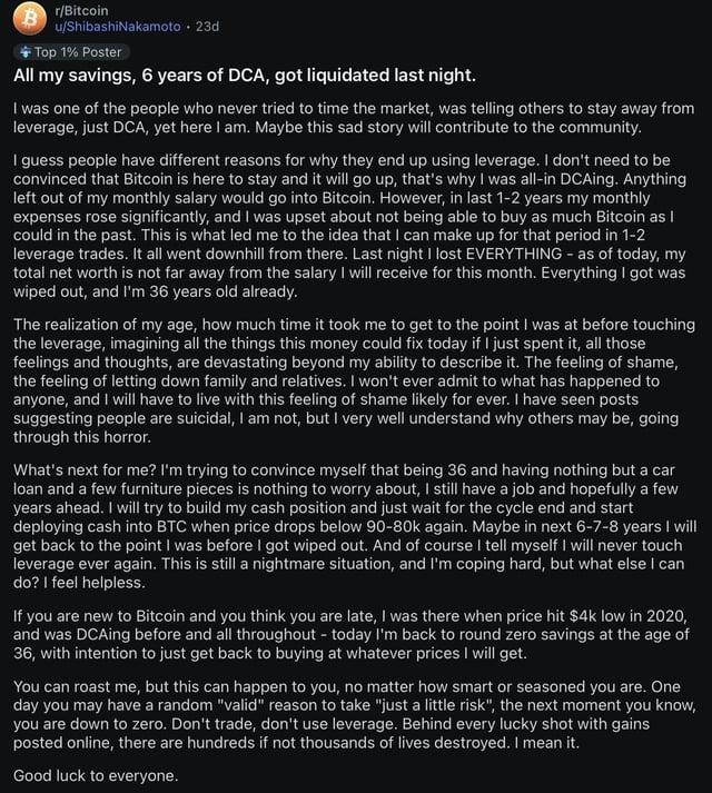 This redditor lost all his life savings, 6 years of dca wiped out after cascading liquidations took out high leverage gamblers.