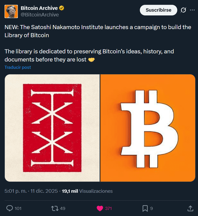The satoshi nakamoto institute launches campaign to build the "library of bitcoin" a mission to preserve btc's ideas, history & lost documents