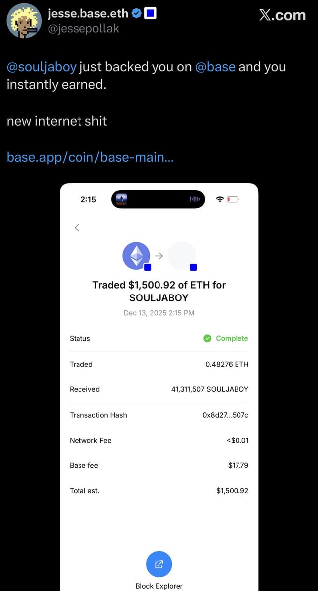 Base chain founder, jesse pollak, publicly backs known crypto pump and dumper soulja boy.