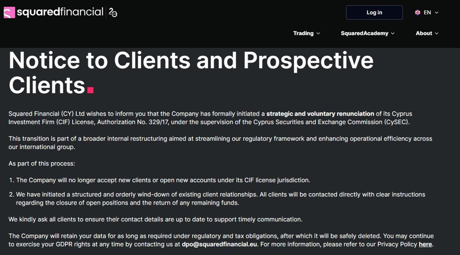 Cfd broker squared financial gives up its cyprus licence