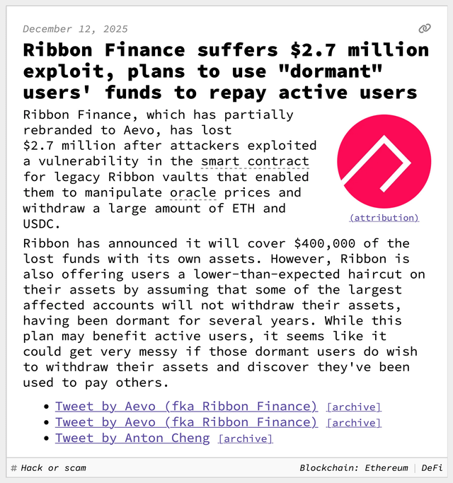 Ribbon finance suffers $2.7 million exploit, plans to use existing users' funds to repay active users
