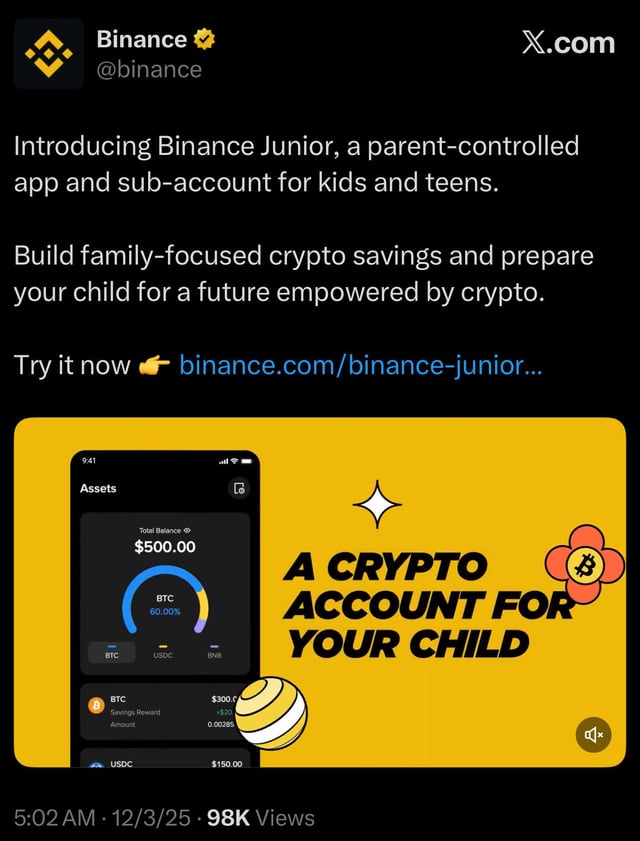 Binance introduces binance junior, an app designed to get children addicted to meme coins and perp gambling