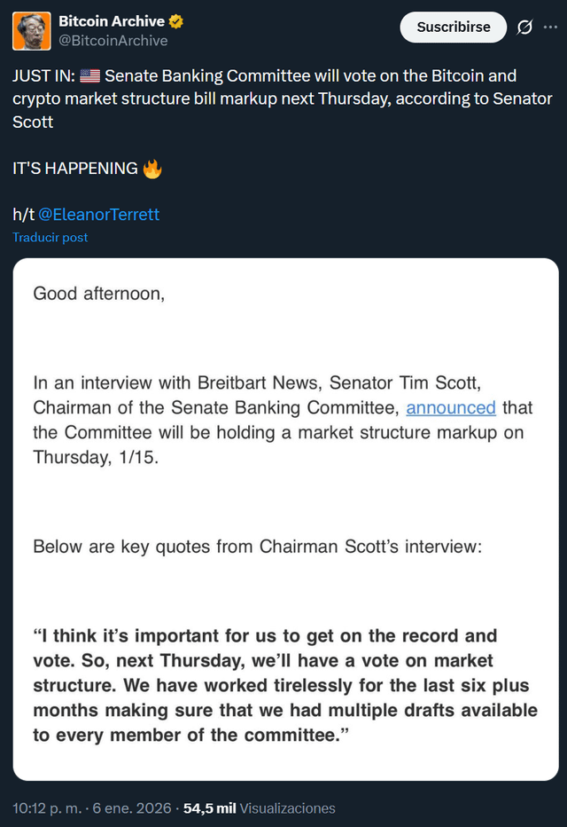 Senate banking committee will vote on the crypto market structure bill markup next thursday, according to senator scott