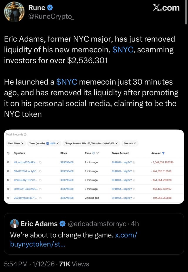 Former nyc mayor eric adams rugs his own memecoin just 30 minutes after launch and pockets over $2.5m