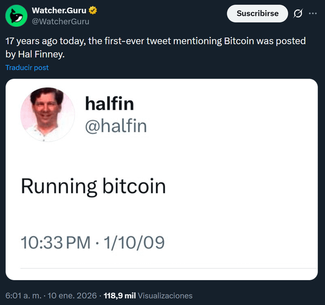 17 years ago today, the first ever tweet mentioning bitcoin was posted by hal finney