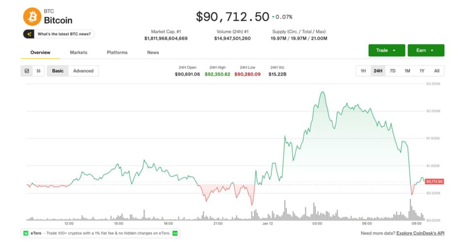 Bitcoin's early gains fade fast as prices fall back below $91,000