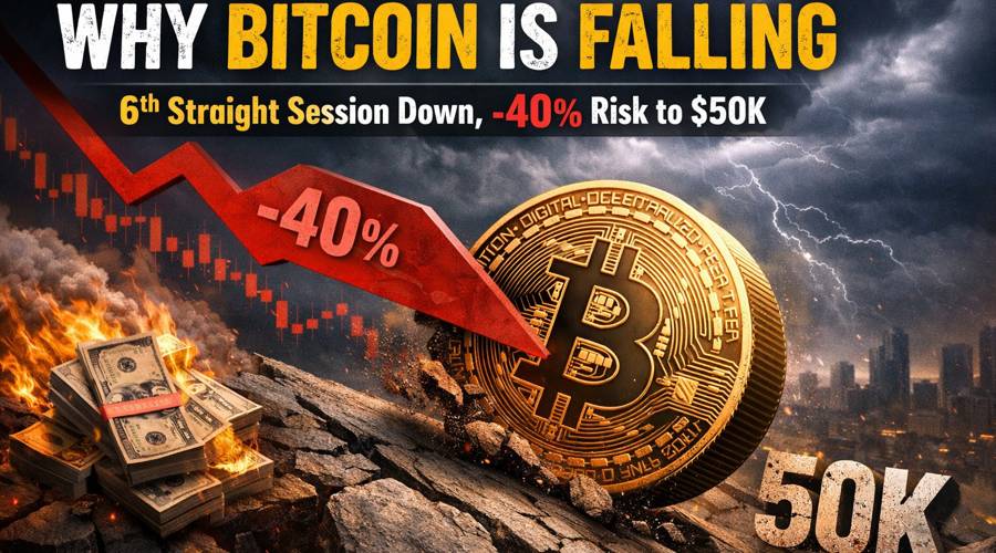 Why bitcoin is falling? losses extend to 6th day and btc price prediction signals 40% slump to $50k
