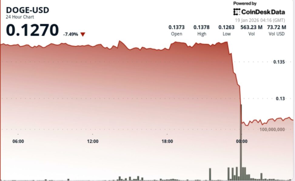 Doge slides 7% as whale linked selling pushes price below $0.13