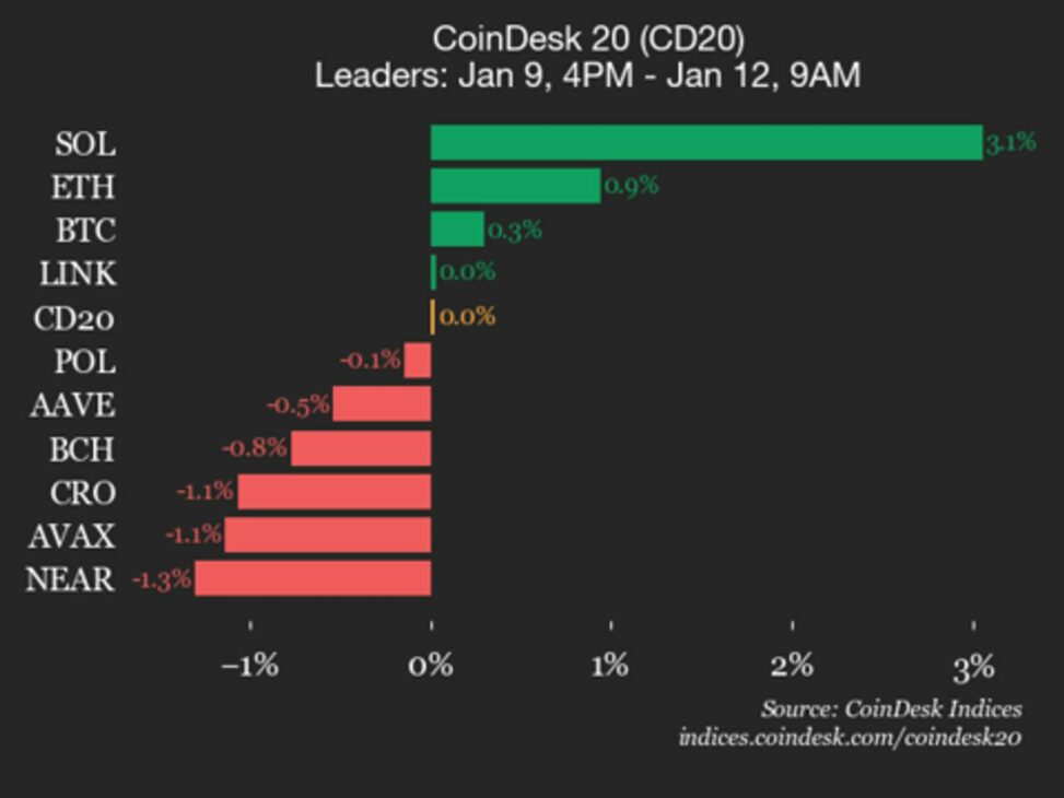 Coindesk 20 performance update: solana (sol) gains 3.1% as index trades flat
