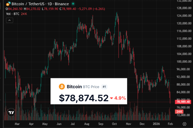 Bitcoin price just fell below 80k for the first time since the april 2025 tariff scare. (low of $78,159 so far)
