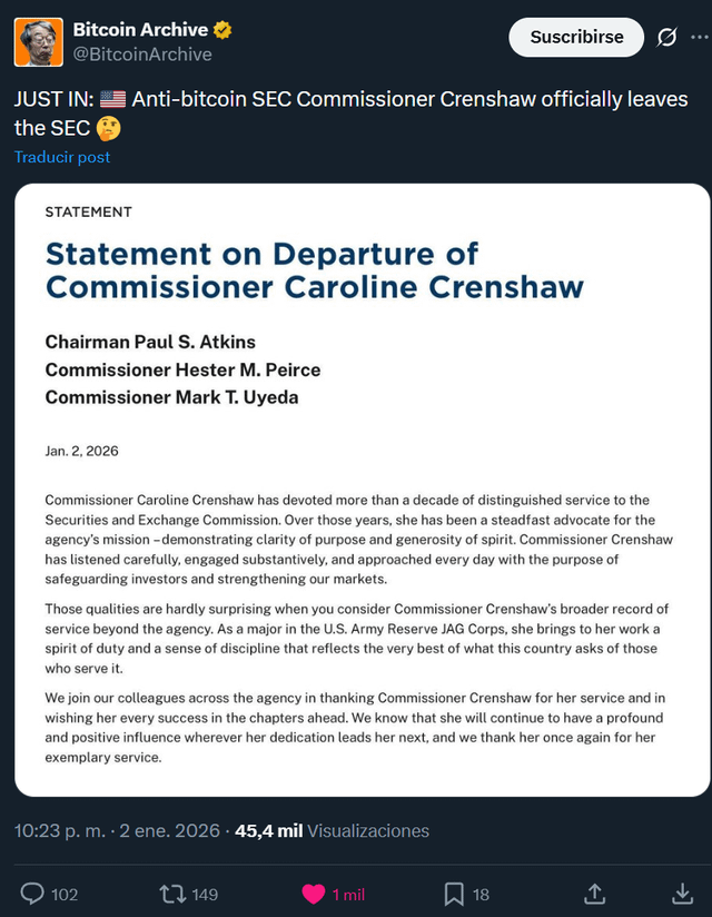 Anti bitcoin sec commissioner crenshaw officially leaves the sec