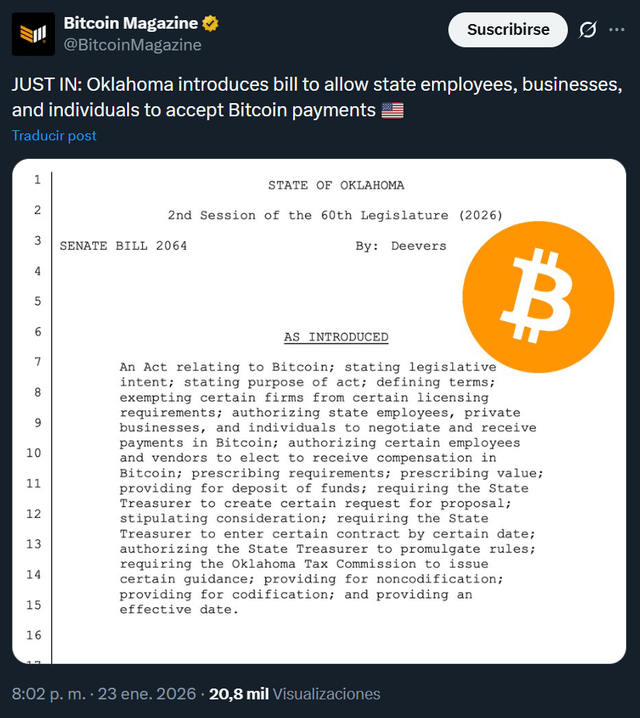 Oklahoma introduces bill to allow state employees, businesses, and individuals to accept bitcoin payments