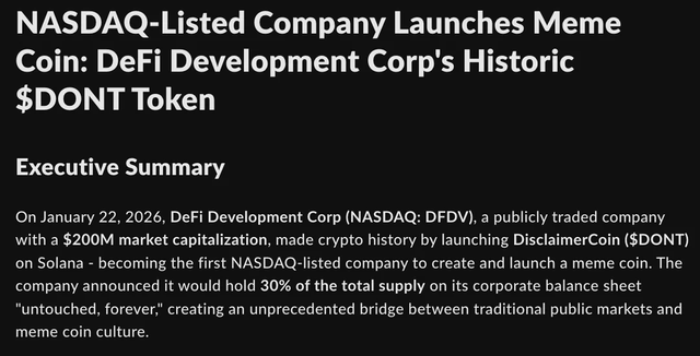 A publicly traded company (nasdaq: dfdv) launched a meme coin today. company has a $200m mc, the token is above $20m fdv at time of post