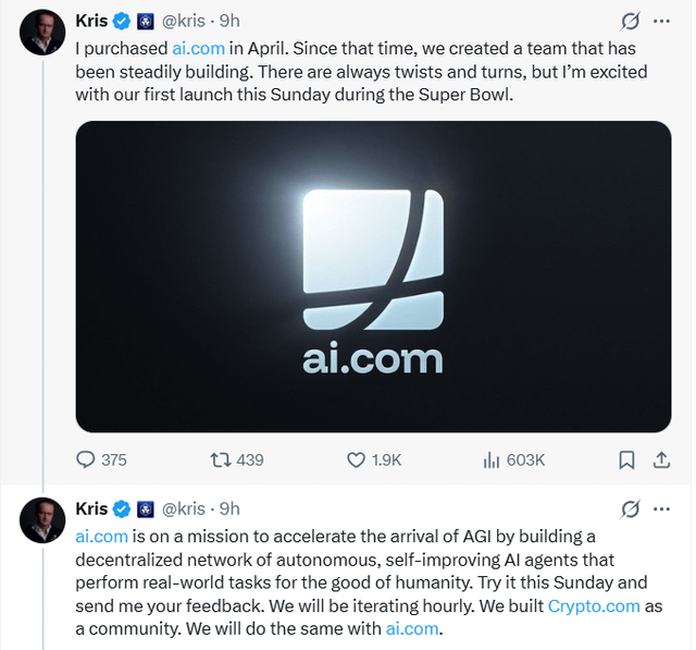 Crypto.com founder kris jumping into another trending bag after purchasing ai.com for $70m an ath domain sale record.