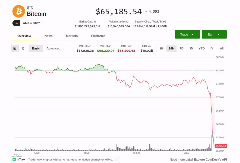 Bitcoin slides 5%, tumbling below $65,000 as whale selling grows and recent buyers lock in losses