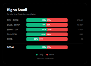 Retail traders are indecisive, while $10m+ traders are leaning short. do you think price keeps dropping today?