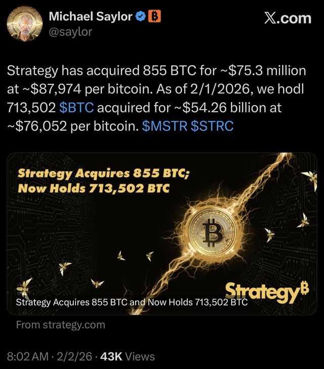 Saylor buys btc at average price of nearly $88k. bitcoin’s price was closer to low 80s before the weekend’s crash