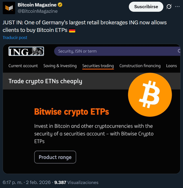 One of germany's largest retail brokerages ing now allows clients to buy bitcoin etps