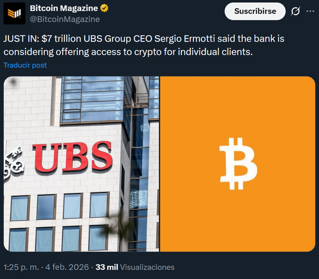 Ubs ceo: bank considering crypto access for individual clients ($7t aum)