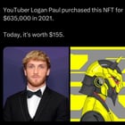 Youtuber logan paul purchased this nft for $635,000 in 2021 today, it's worth $155