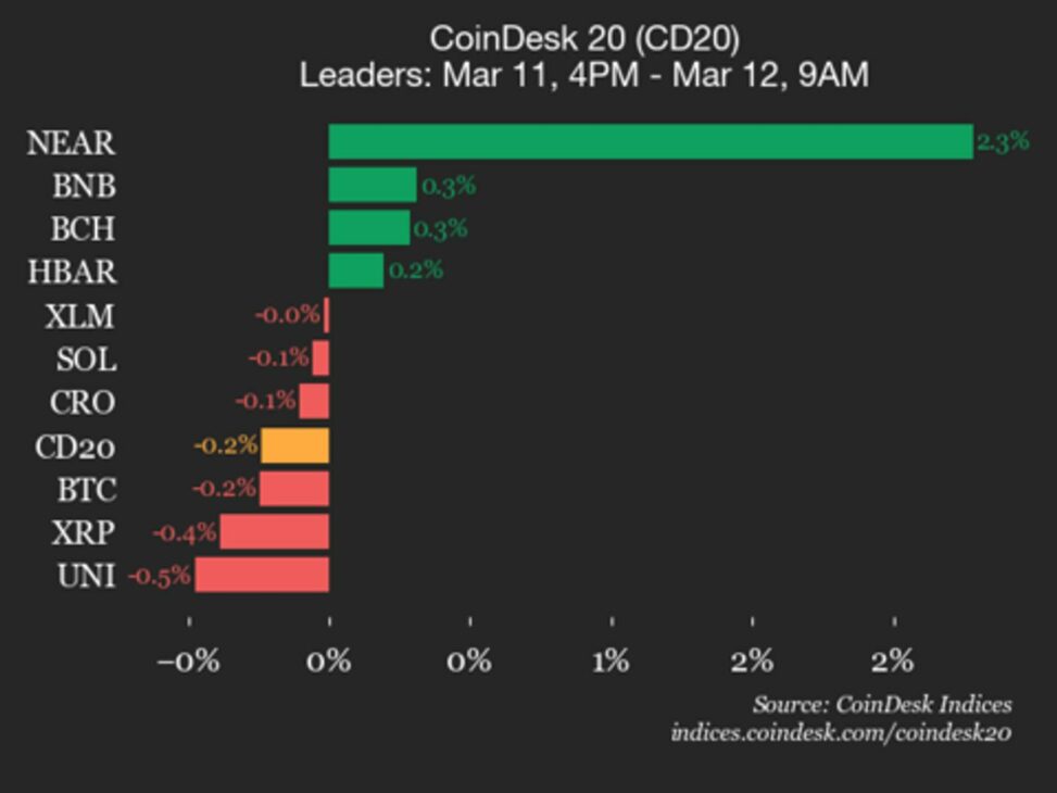 Coindesk 20 performance update: polkadot (dot) drops 2.3% as index trades lower