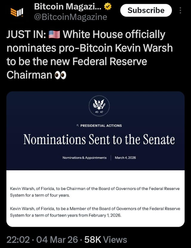 White house officially nominates pro bitcoin kevin warsh to be the new federal reserve chairman